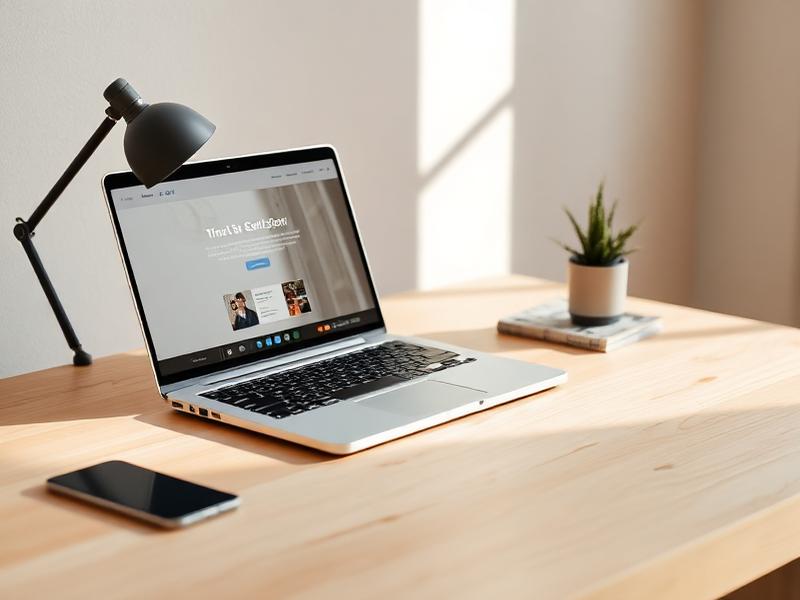 Minimalist workspace with a laptop showing a modern business website